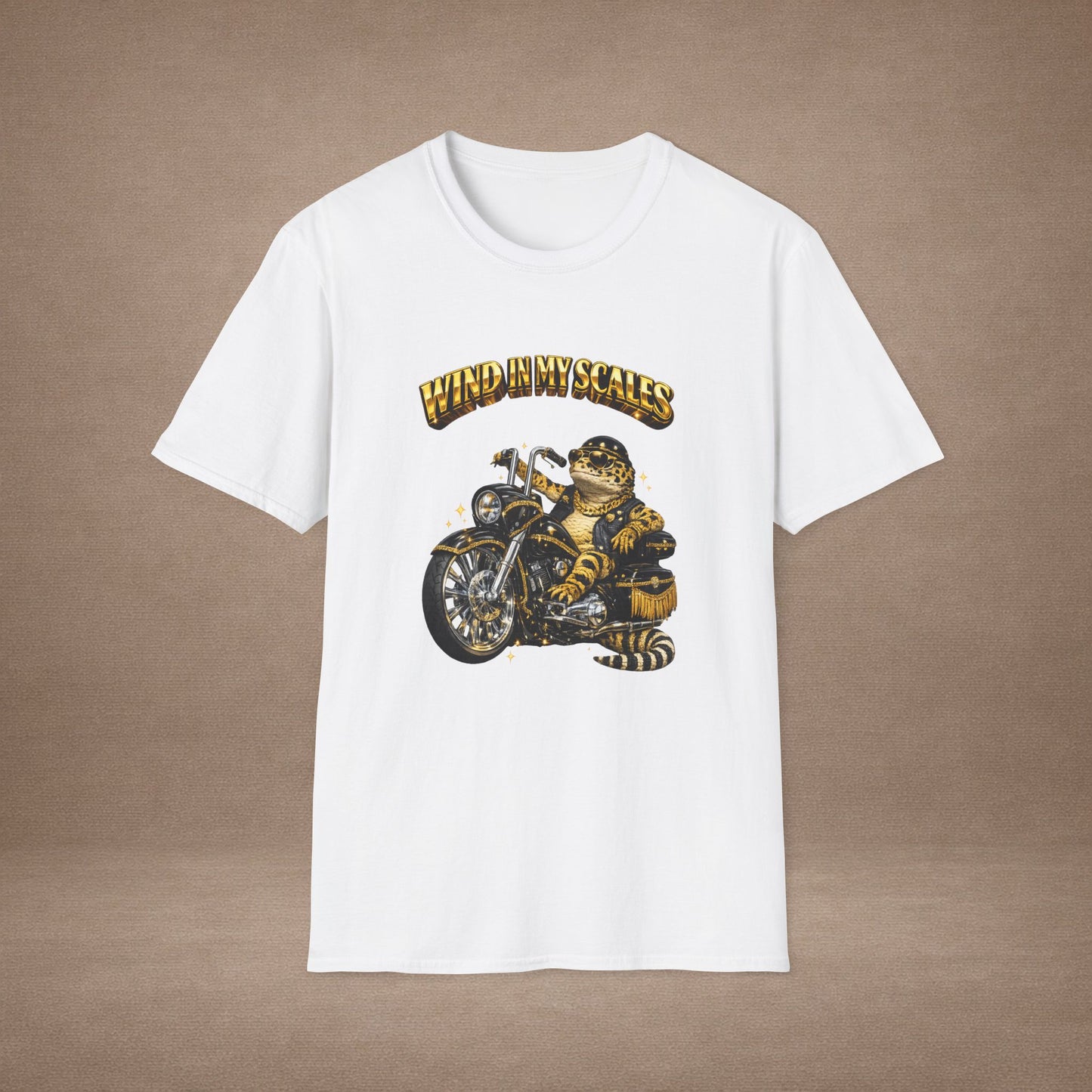 DESIGN #38 Wind in My Scales — Bagger Gecko Tee (Front & Back) Golden Letters