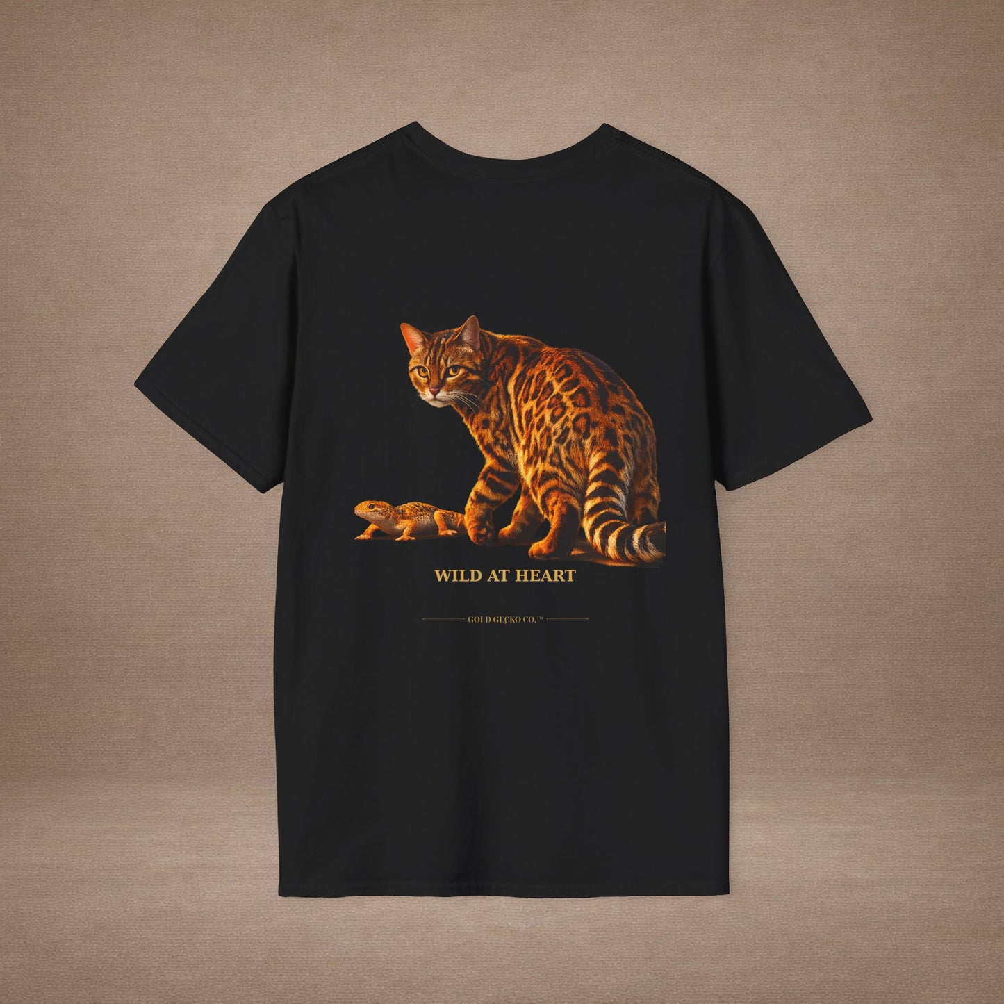 Bengal — Wild At Heart — photoreal cat breed portraits paired with tiny gecko compani. Gold Gecko Co. Cats & Geckos collection.