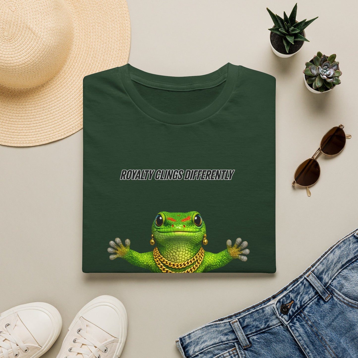 DESIGN #2-1 Royalty Clings Differently — Day Gecko Tee - (Black Letters)