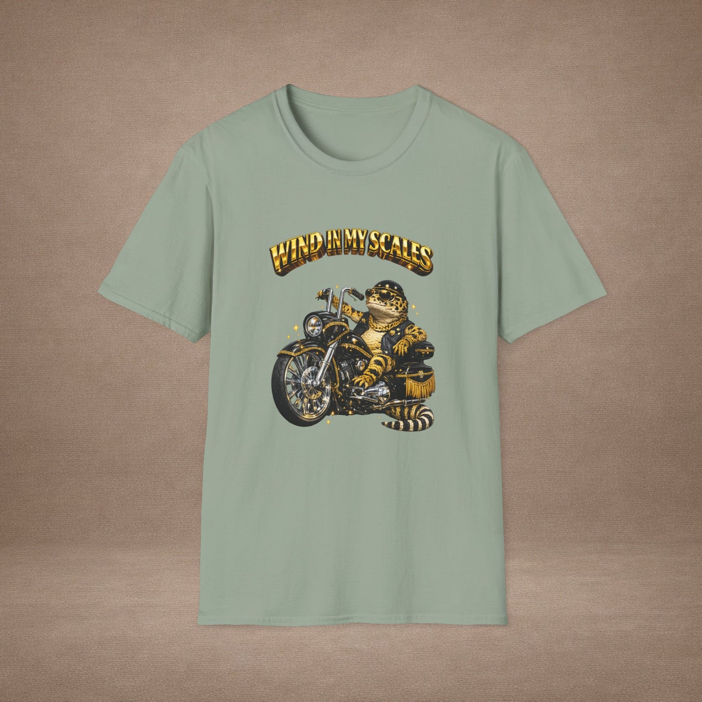 DESIGN #38 Wind in My Scales — Bagger Gecko Tee (Front & Back) Golden Letters