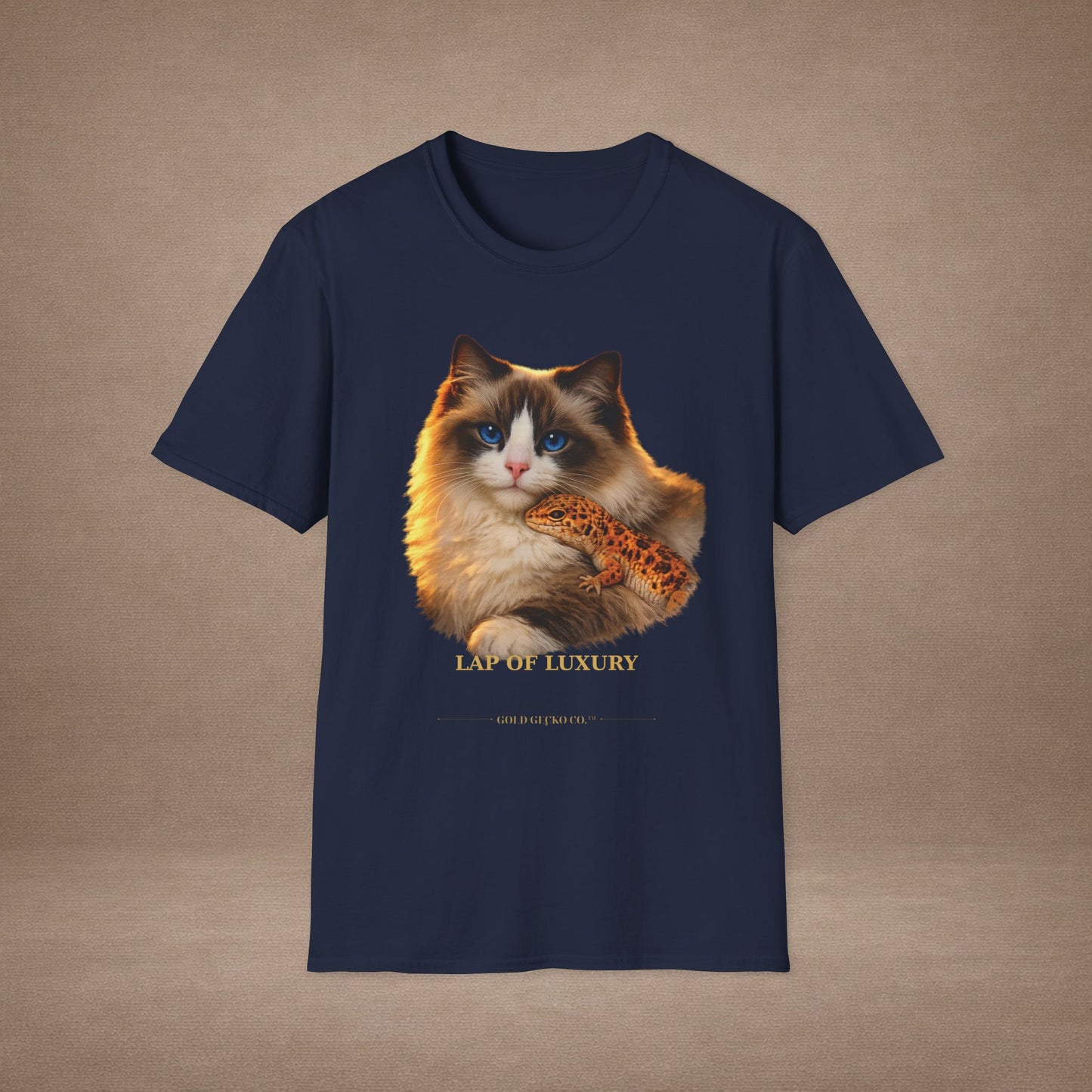 Ragdoll — Lap Of Luxury — photoreal cat breed portraits paired with tiny gecko compani. Gold Gecko Co. Cats & Geckos collection.