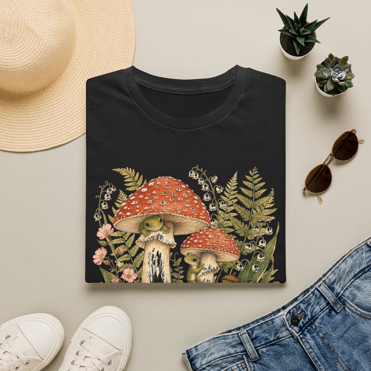 Mushroom Village cottagecore watercolor T-shirt from Gold Gecko Co. — gecko exploring a whimsical toadstool village in the woods.