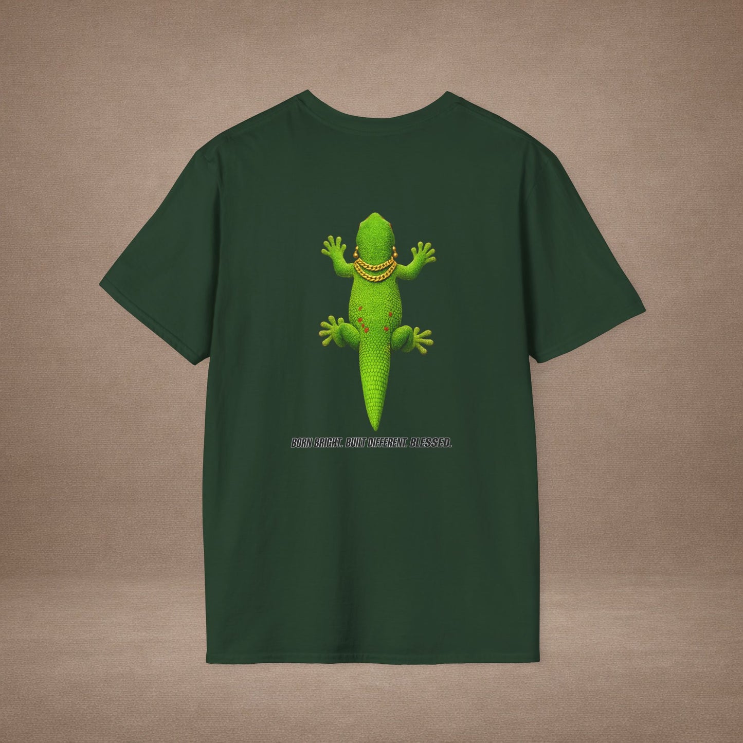 DESIGN #2-1 Royalty Clings Differently — Day Gecko Tee - (Black Letters)