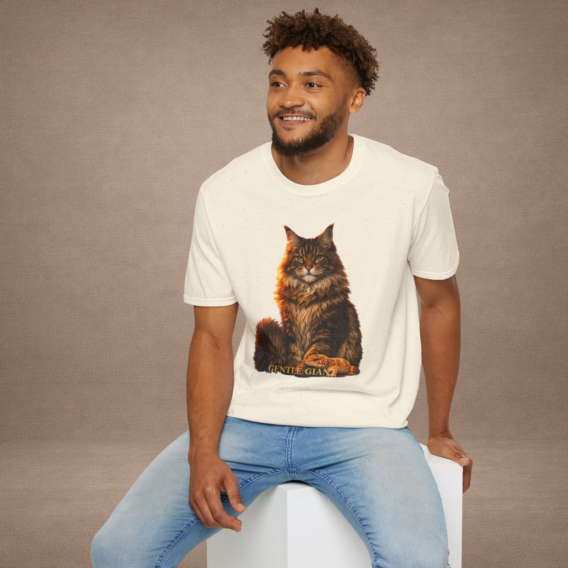 Maine Coon — Gentle Giant — photoreal cat breed portraits paired with tiny gecko compani. Gold Gecko Co. Cats & Geckos collection.