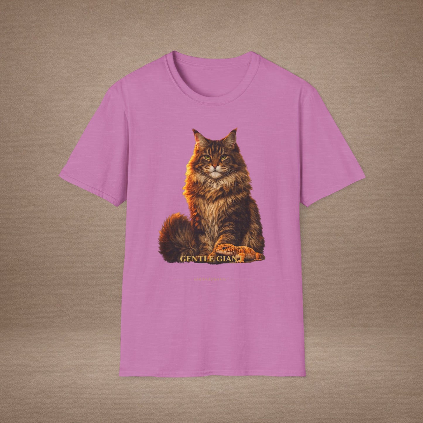 Maine Coon — Gentle Giant — photoreal cat breed portraits paired with tiny gecko compani. Gold Gecko Co. Cats & Geckos collection.