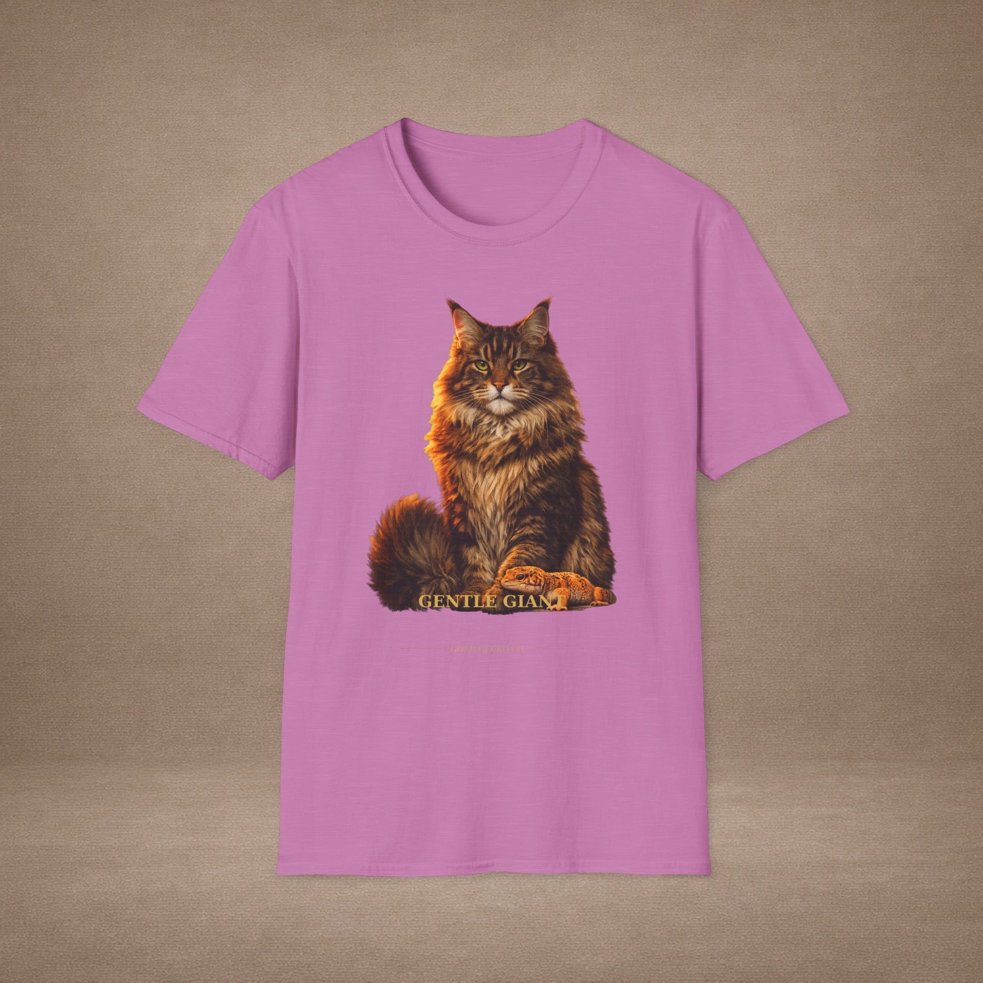 Maine Coon — Gentle Giant — photoreal cat breed portraits paired with tiny gecko compani. Gold Gecko Co. Cats & Geckos collection.