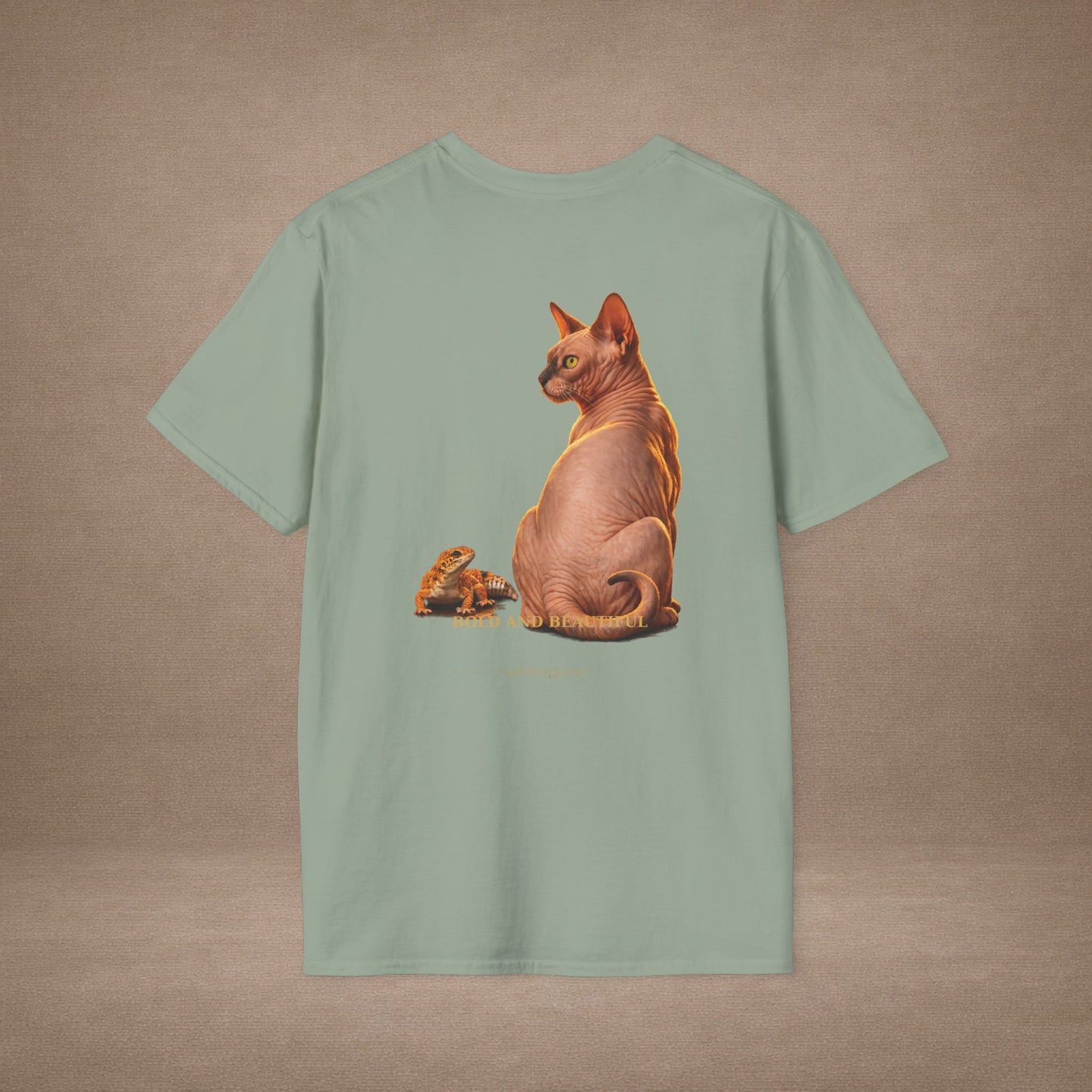 Sphynx — Bold And Beautiful — photoreal cat breed portraits paired with tiny gecko compani. Gold Gecko Co. Cats & Geckos collection.