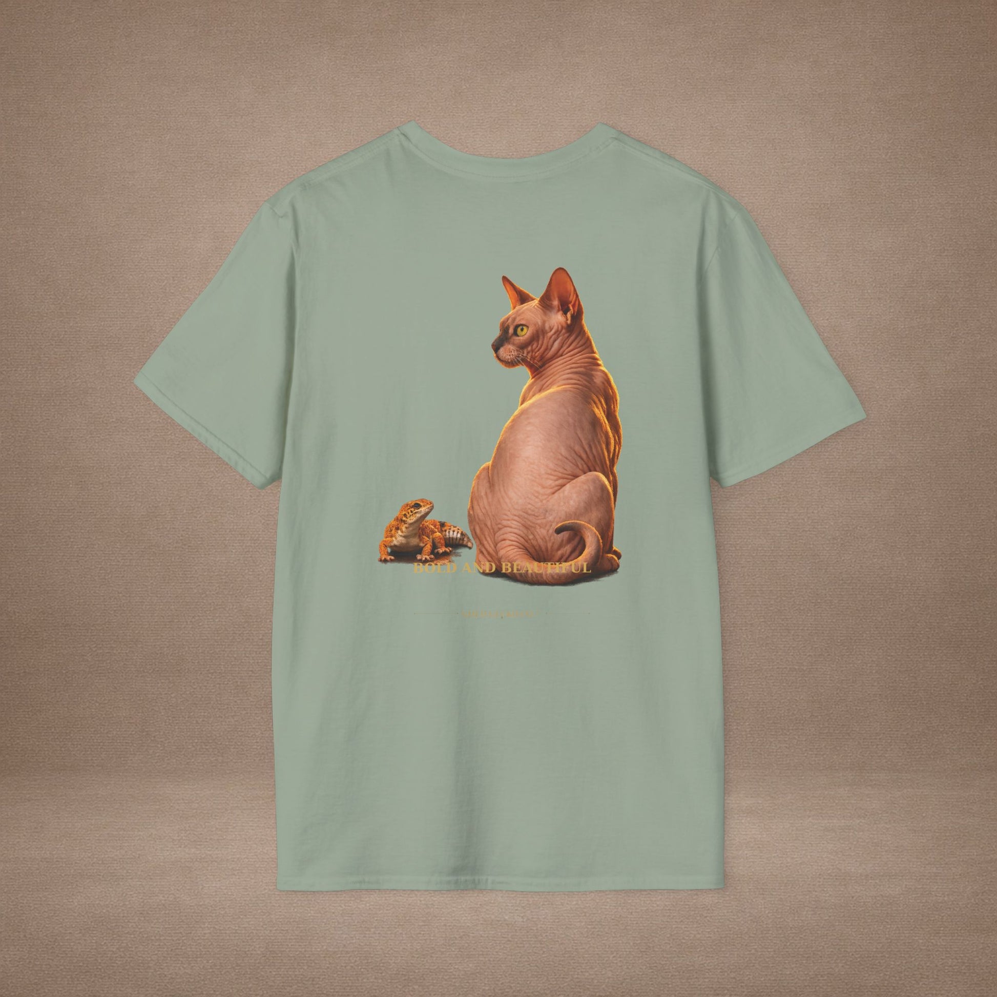Sphynx — Bold And Beautiful — photoreal cat breed portraits paired with tiny gecko compani. Gold Gecko Co. Cats & Geckos collection.