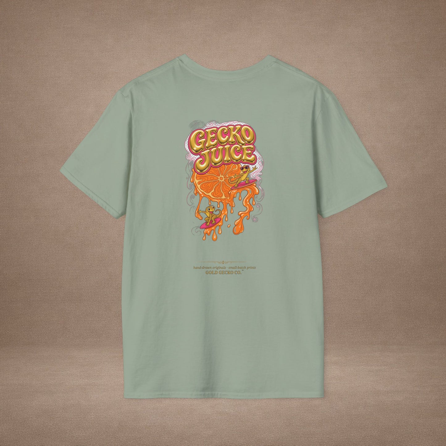 Stay Juicy retro chrome orange & gecko graphic t-shirt — Gold Gecko Co.