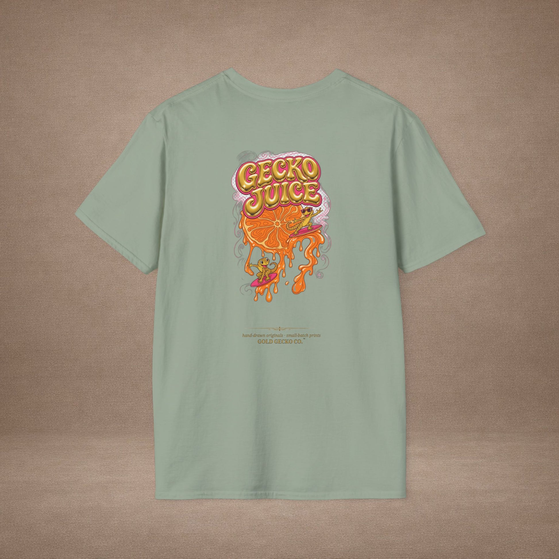 Stay Juicy retro chrome orange & gecko graphic t-shirt — Gold Gecko Co.