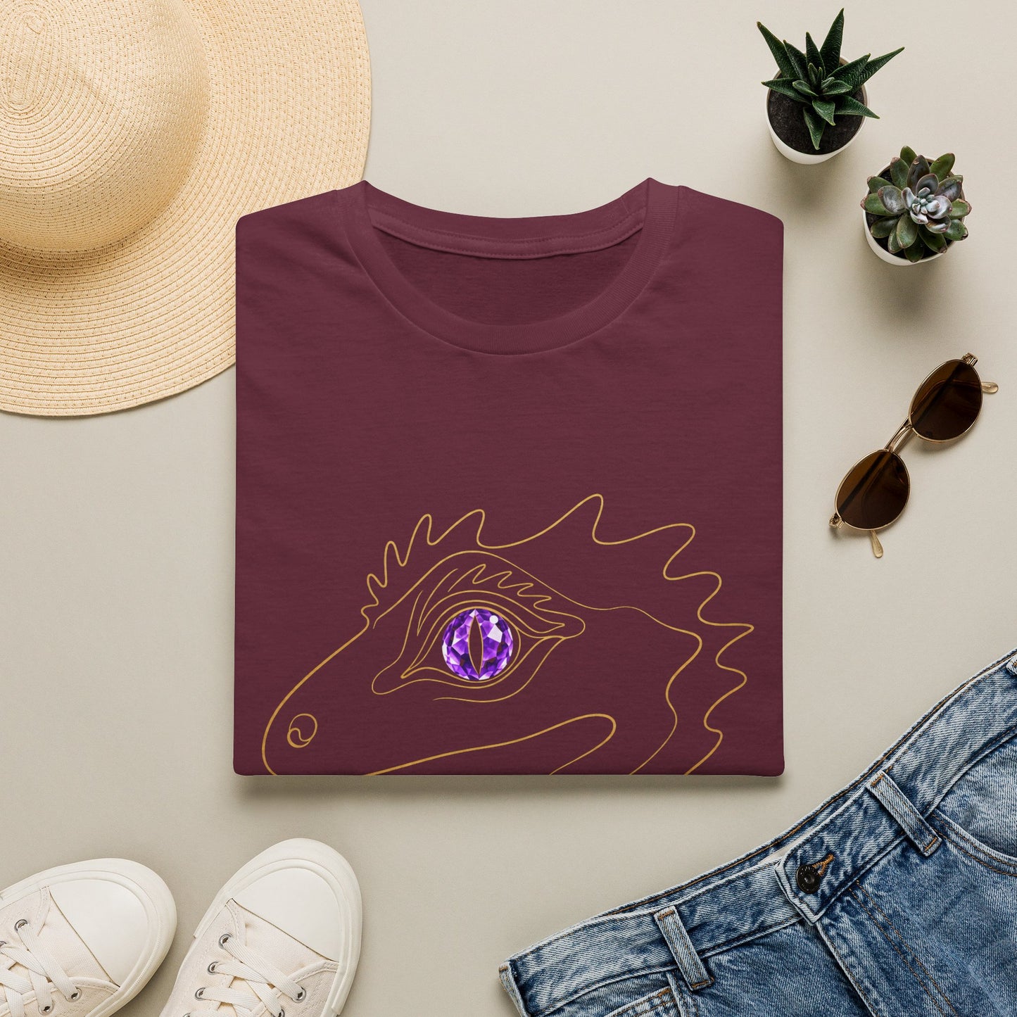 Amethyst Crested Gecko single-line art with amethyst purple gem eye — Gold Gecko Co. Line & Gold collection (Dark)