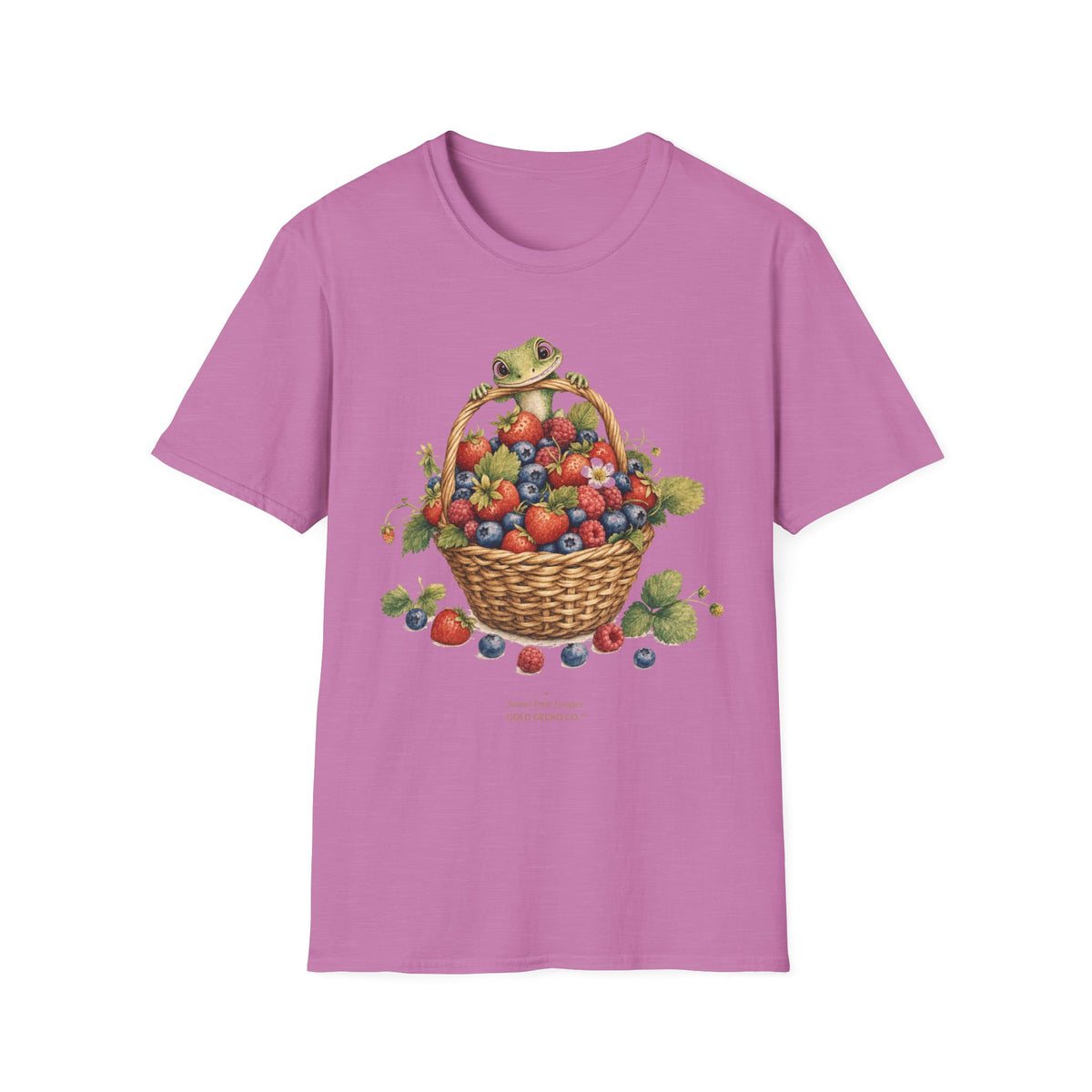 Berry Basket Buddy cottagecore watercolor T-shirt from Gold Gecko Co. — gecko nestled in a woven basket of wild strawberries and blueberries.